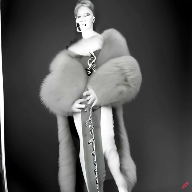 Foto von KI generiert mit dominanter, eleganter Dame im Pelz im Stil von Helmut Newton.